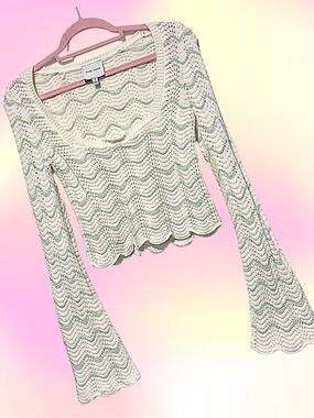Pink Rose Cream Crochet Long-Sleeve Scoop Neck Top